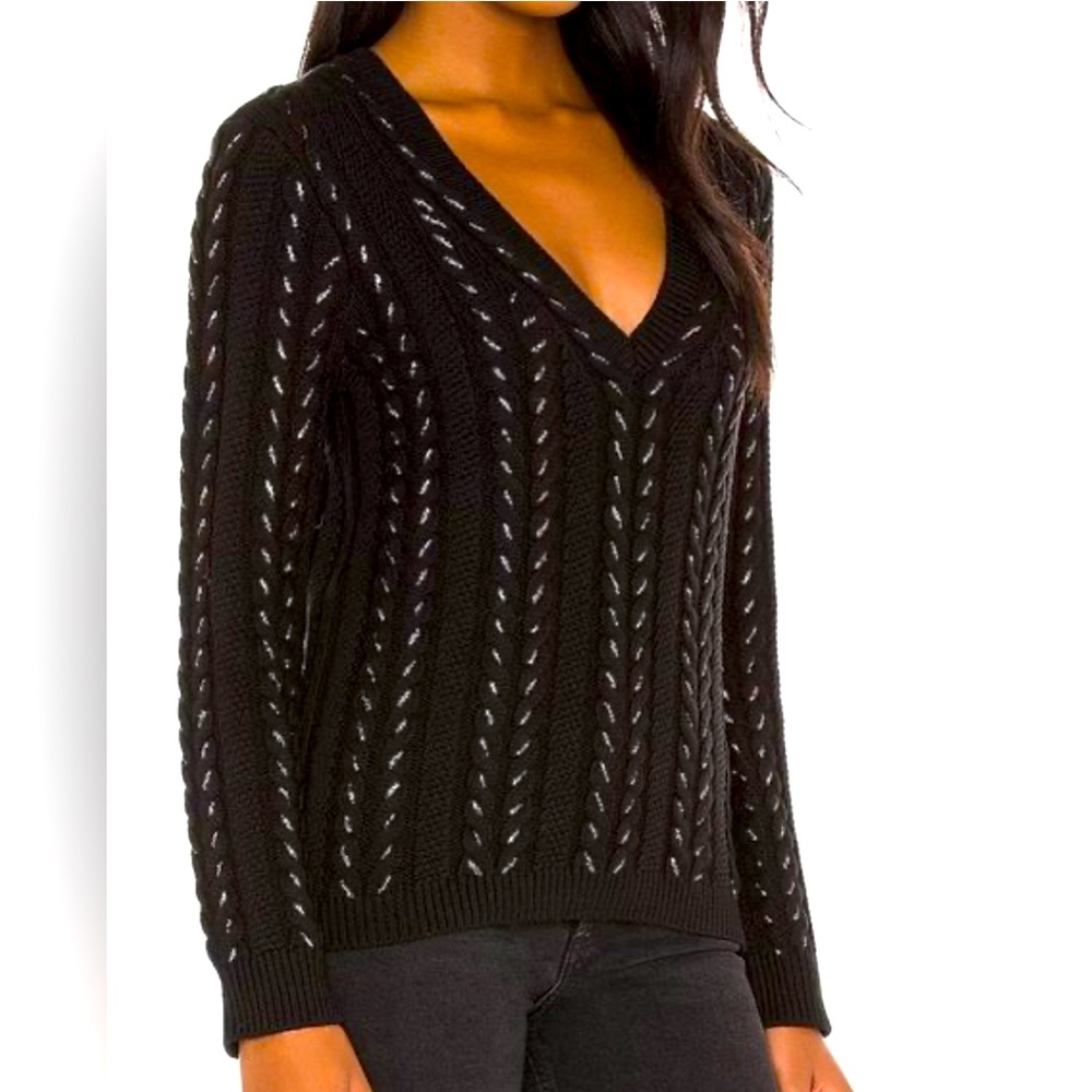 Paige black metallic cable knit v vneck sweater L